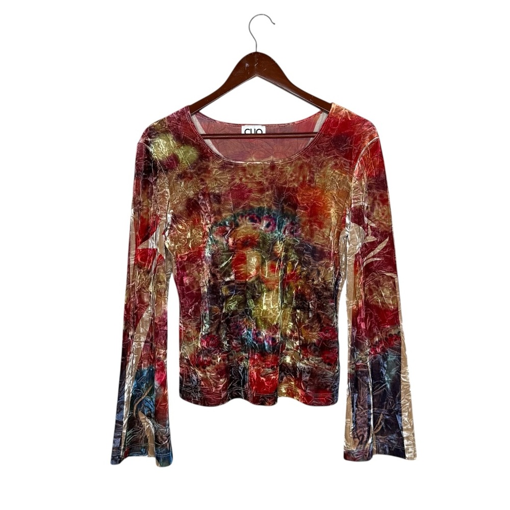 Vintage Clio Crushed Velvet Dark Abstract Floral 90's Y2K Bell Sleeve Shirt Fall
